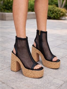 Women’s Black Mesh Cork Platform Peep Toe Booties, 7